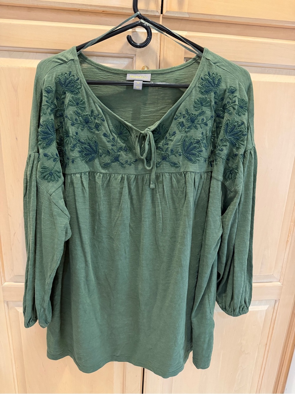 Style & Co. Green Embroidered Tie-Front Boho Tunic